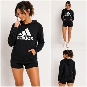 Adidas Womens Black Pullover Hoodie White Logo Sweatshirt Small